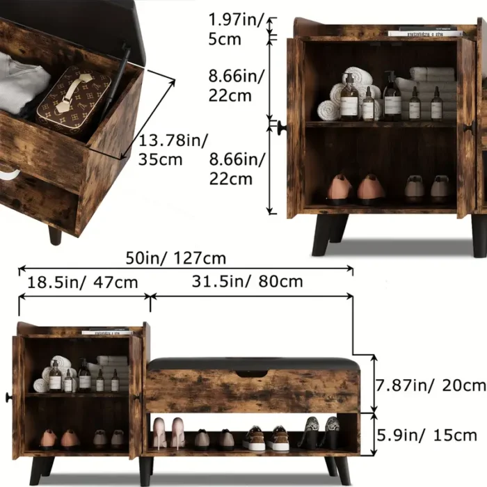 50" Entryway Shoe Bench with Hidden Storage, Shoe Organizer Storage Bench with Shelf And Cabinet - Image 2