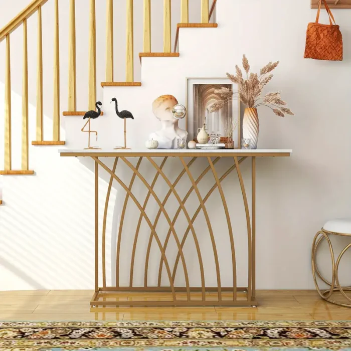 TANGKULA 48"/120cm Gold Console Table, Modern Entryway Table with White Faux Marble Tabletop - Image 4